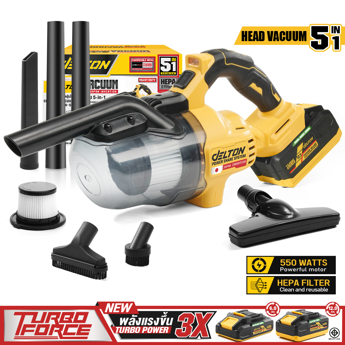 เครื่องดูดฝุ่นแบบมือจับไร้สาย (พร้อมแบตเตอรี่) DELTON รุ่น CV-501B TURBO FORCE 20V 12AH_12